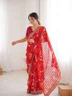 Crimson Red Floral Marble Patta Saree with Embroidery Border - Detail View 3