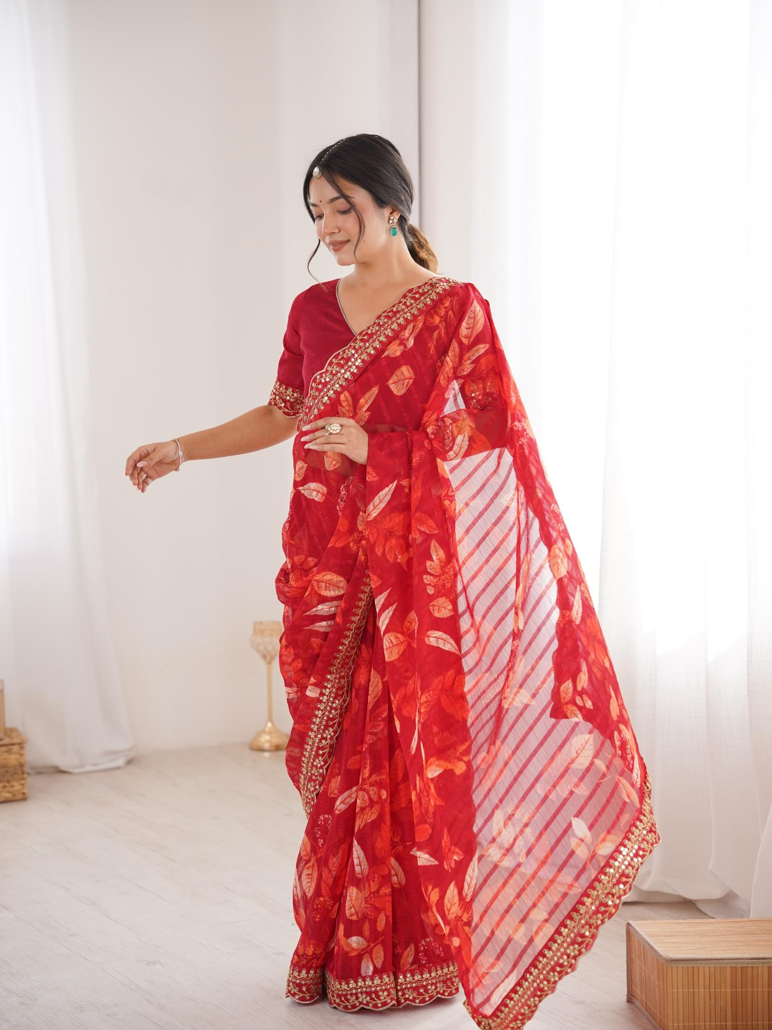 Crimson Red Floral Marble Patta Saree with Embroidery Border - Detail View 3