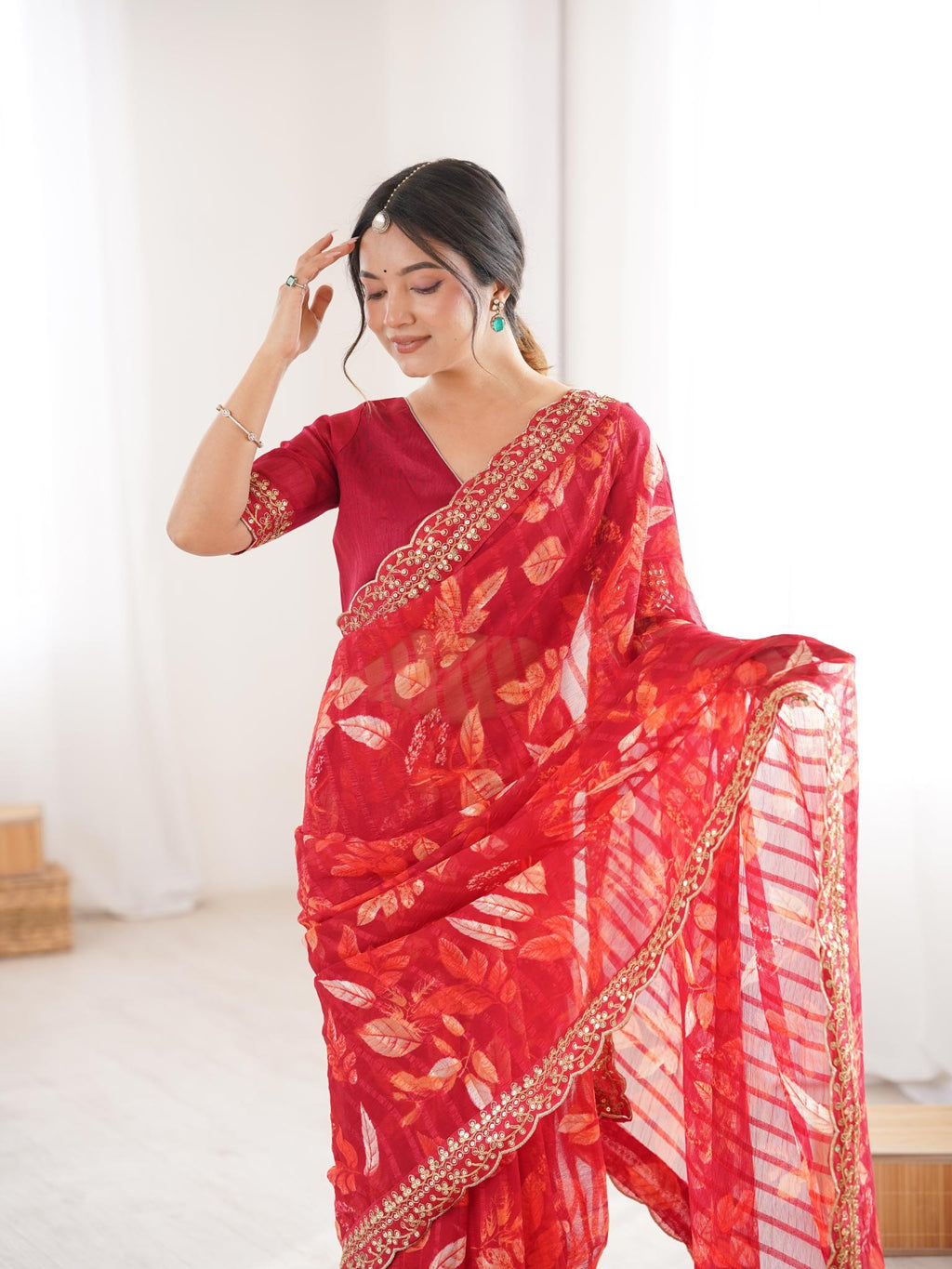 Crimson Red Floral Marble Patta Saree with Embroidery Border - Detail View 4
