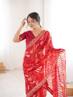 Crimson Red Floral Marble Patta Saree with Embroidery Border - Detail View 4