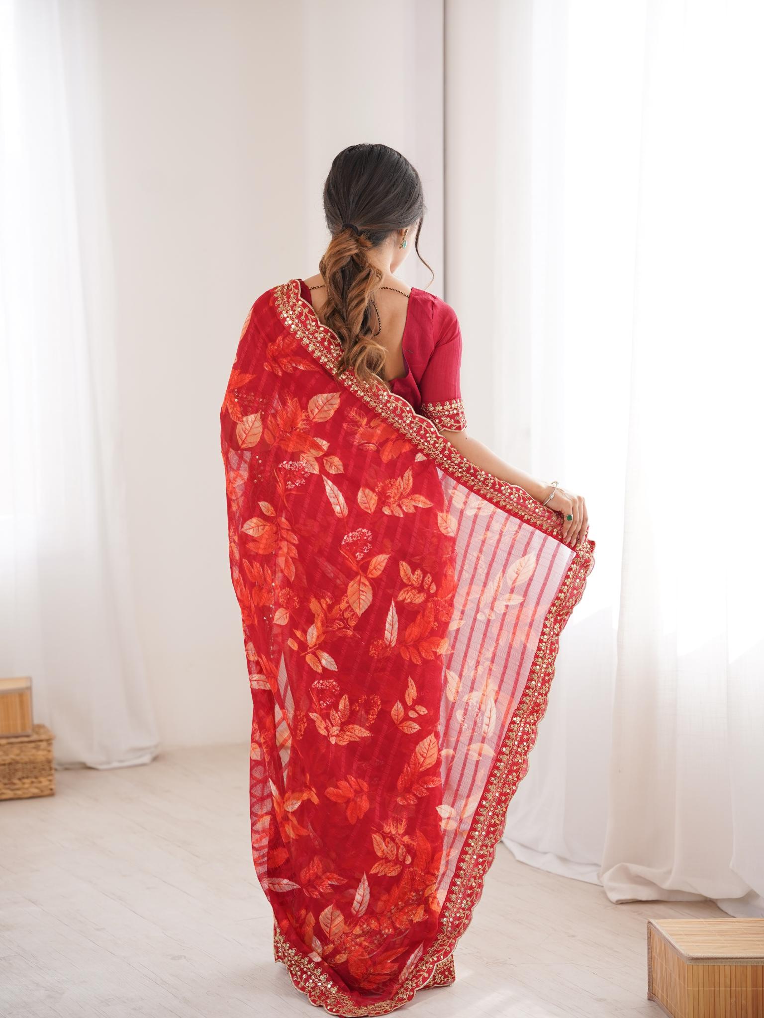 Crimson Red Floral Marble Patta Saree with Embroidery Border - Detail View 5