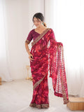 Deep Wine Maroon Floral Marble Patta Saree with Embroidery Border
