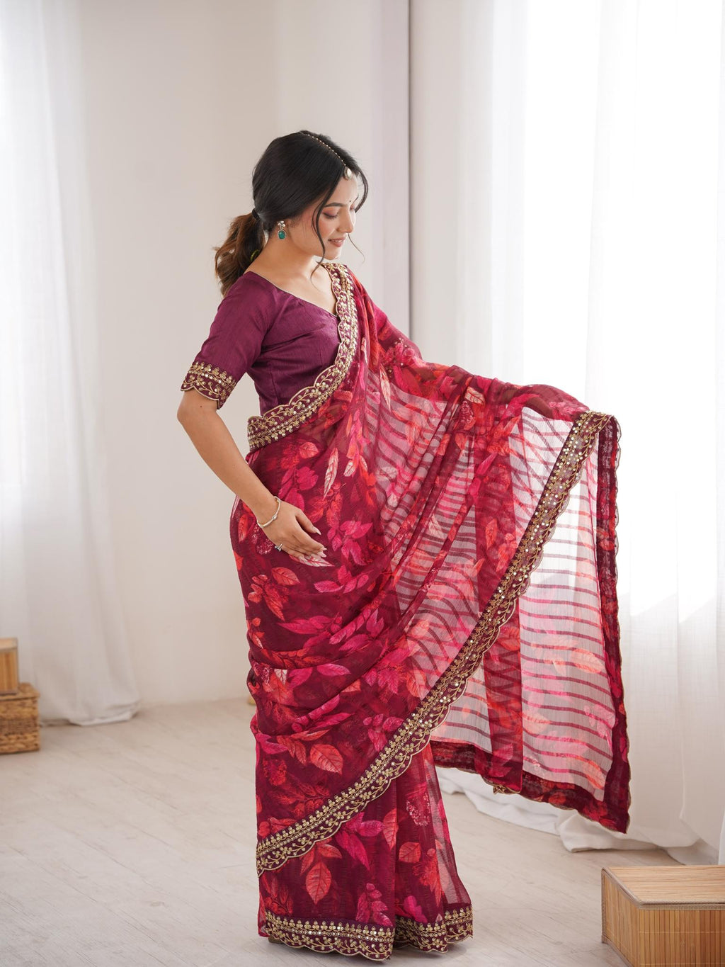 Deep Wine Maroon Floral Marble Patta Saree with Embroidery Border - Detail View 2