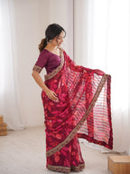 Deep Wine Maroon Floral Marble Patta Saree with Embroidery Border - Detail View 2