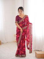 Deep Wine Maroon Floral Marble Patta Saree with Embroidery Border - Detail View 3