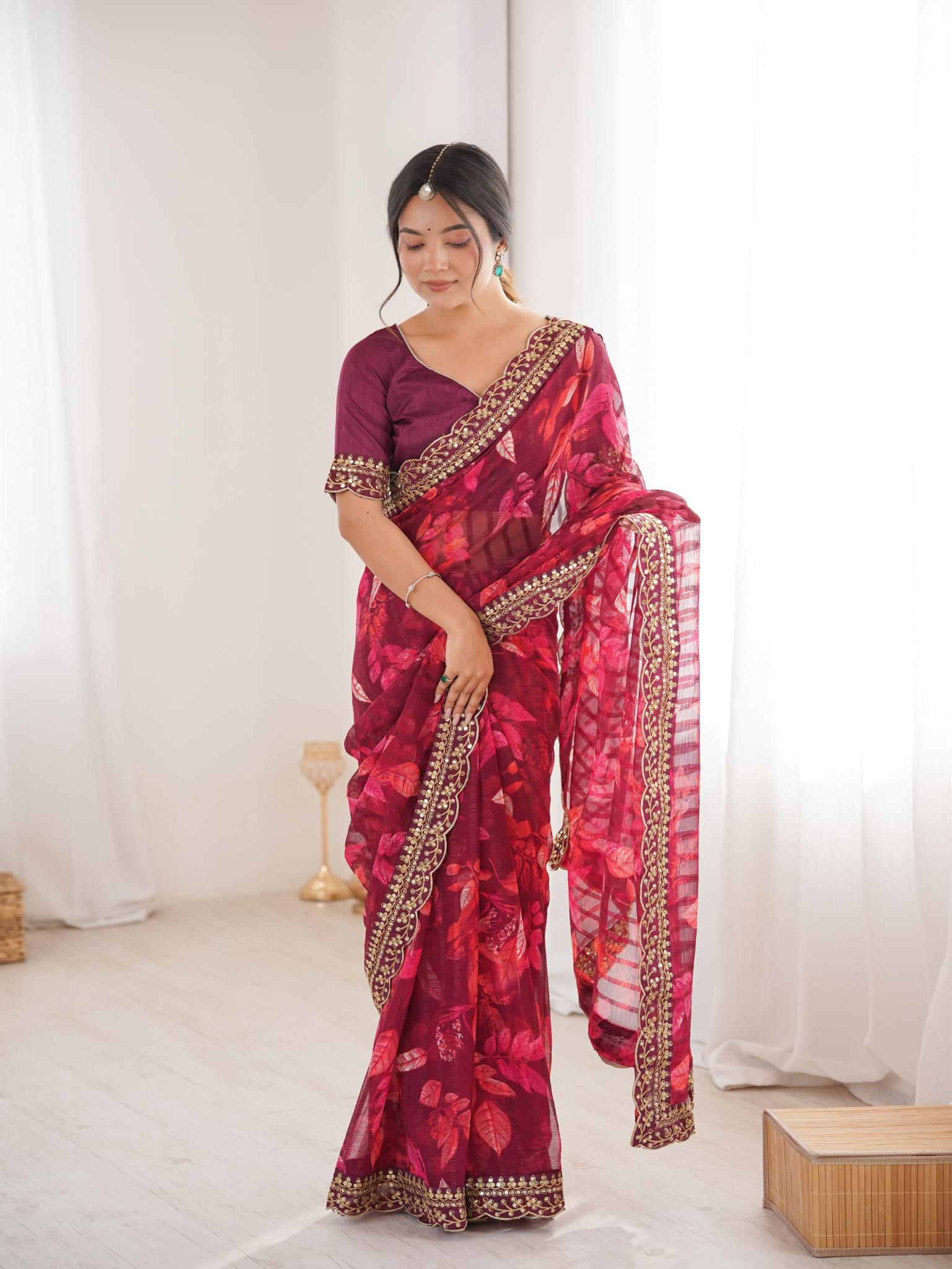 Deep Wine Maroon Floral Marble Patta Saree with Embroidery Border - Detail View 3