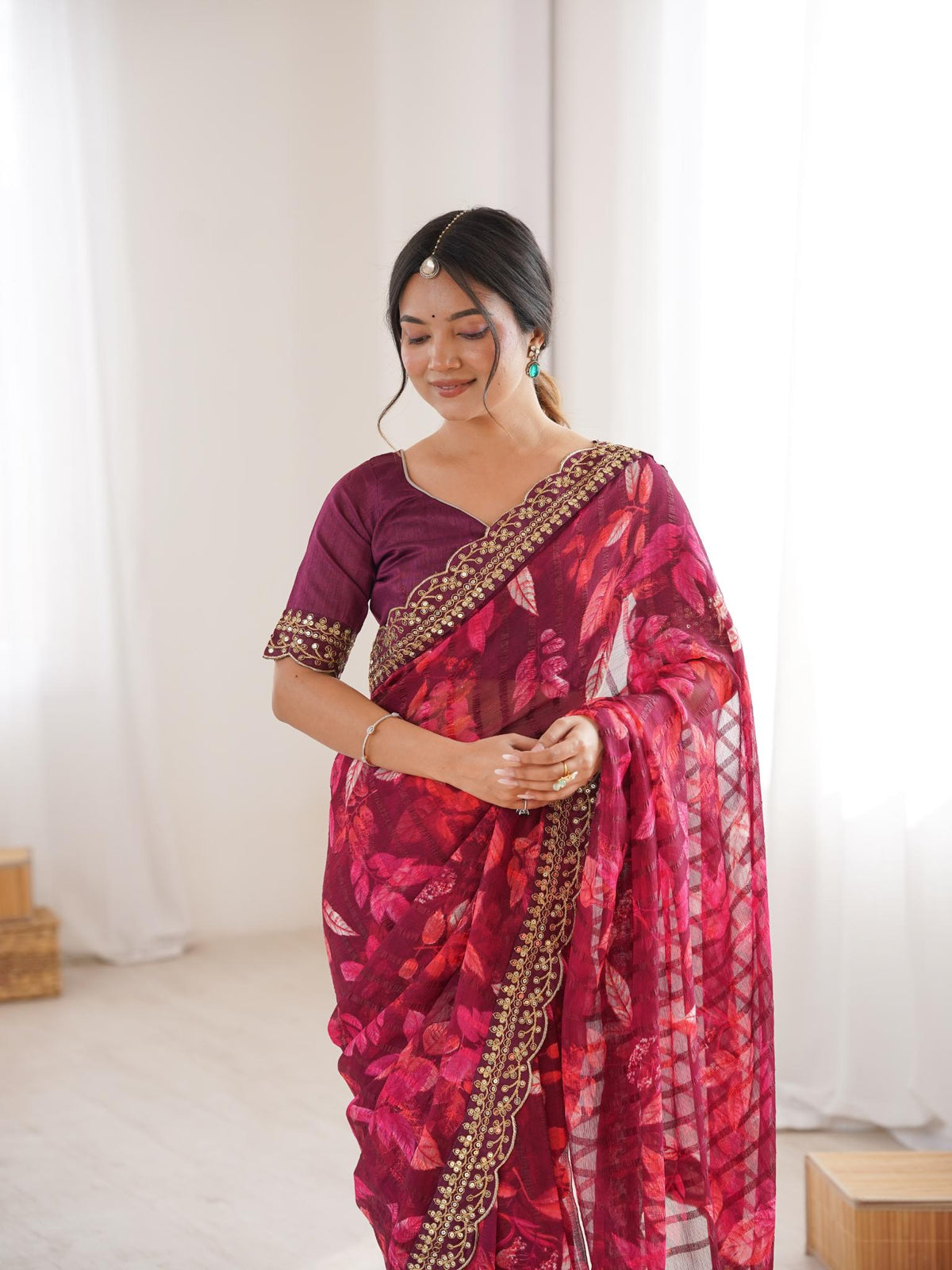 Deep Wine Maroon Floral Marble Patta Saree with Embroidery Border - Detail View 4