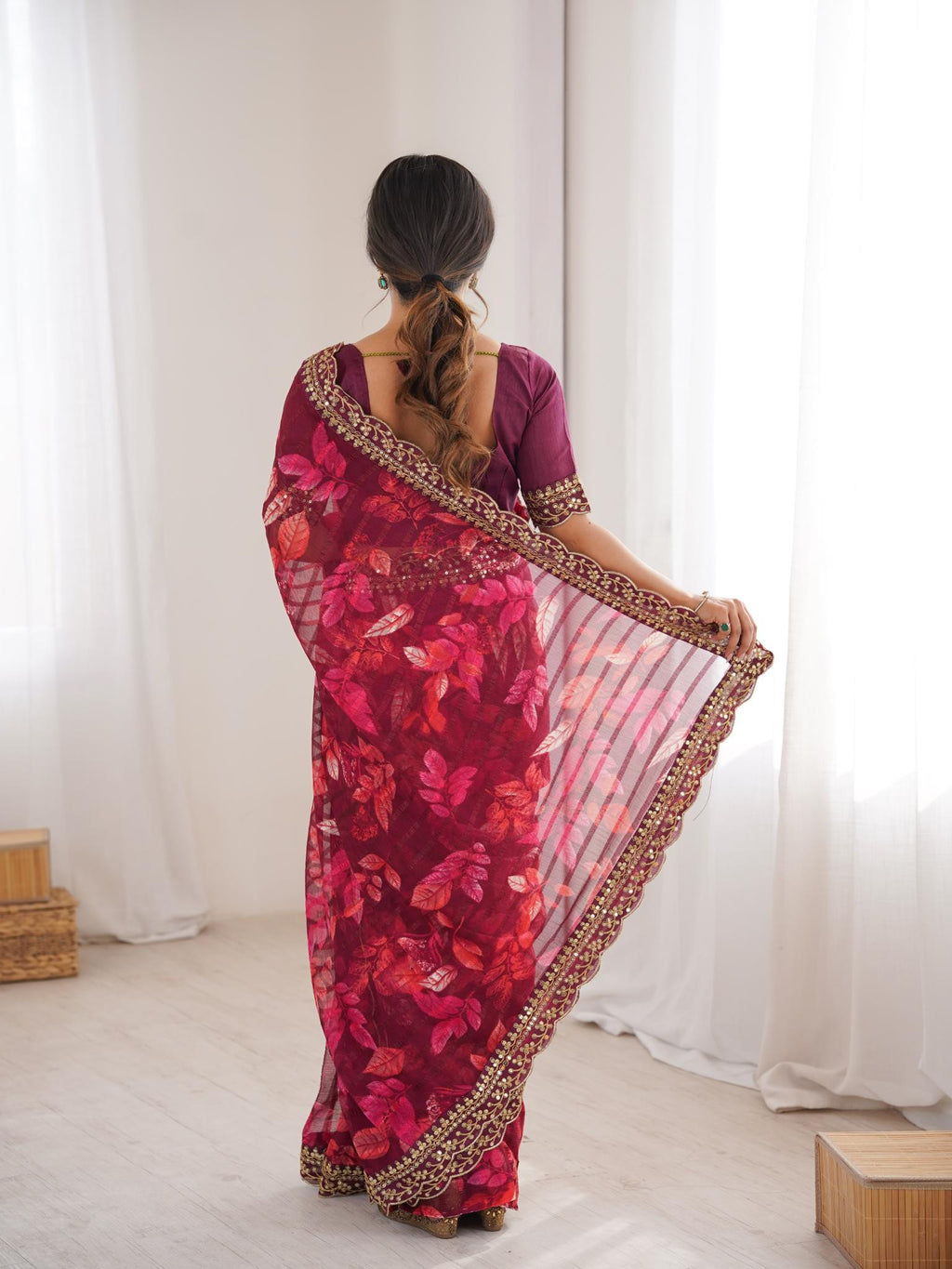Deep Wine Maroon Floral Marble Patta Saree with Embroidery Border - Detail View 5