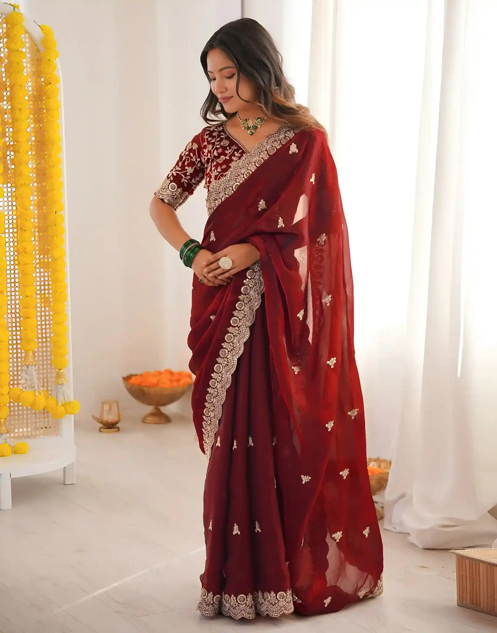 Maroon Fendy Satin Silk Embroidered Saree - View 1