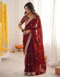 Maroon Fendy Satin Silk Embroidered Saree