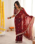 Maroon Fendy Satin Silk Embroidered Saree - View 3