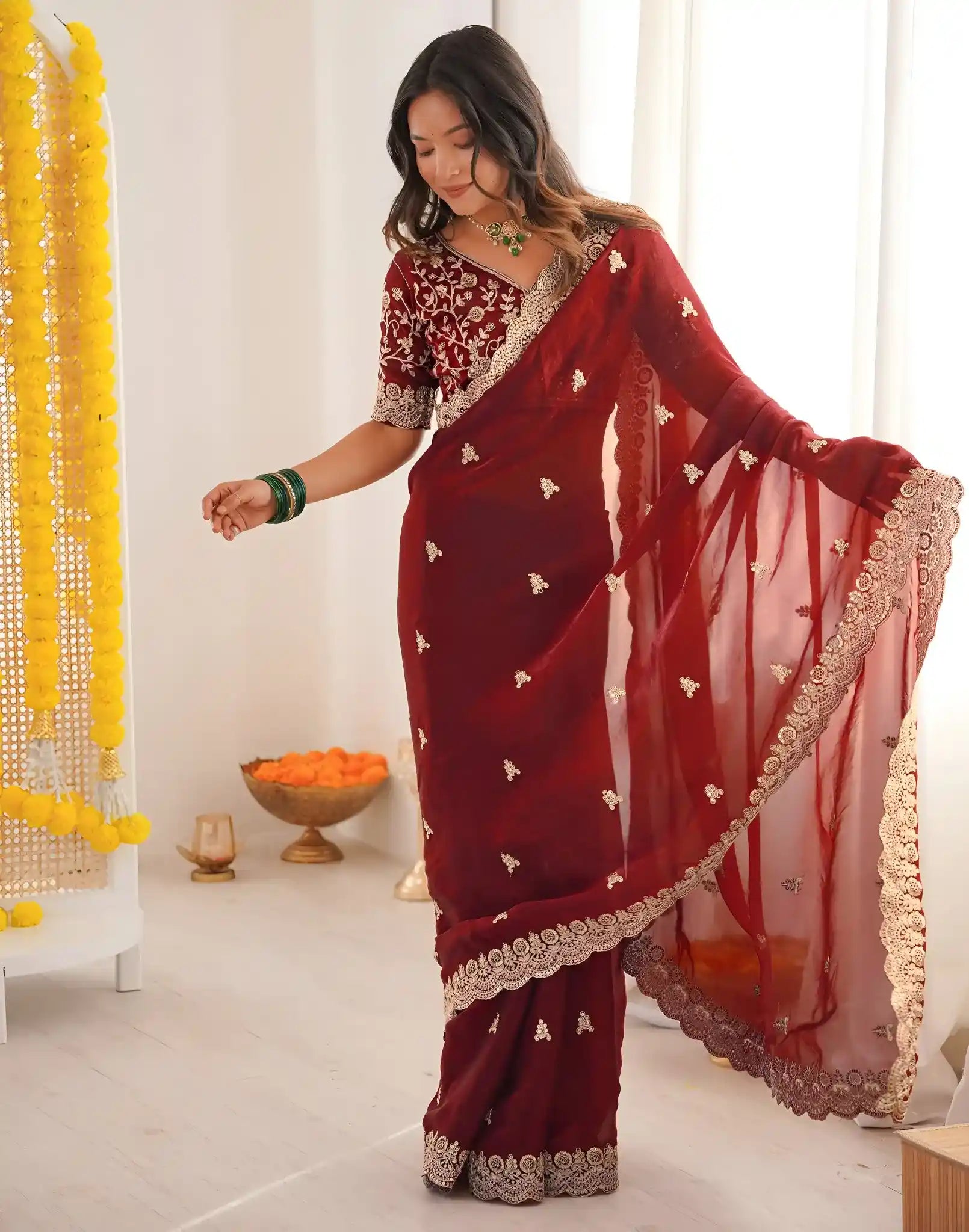 Maroon Fendy Satin Silk Embroidered Saree - View 3