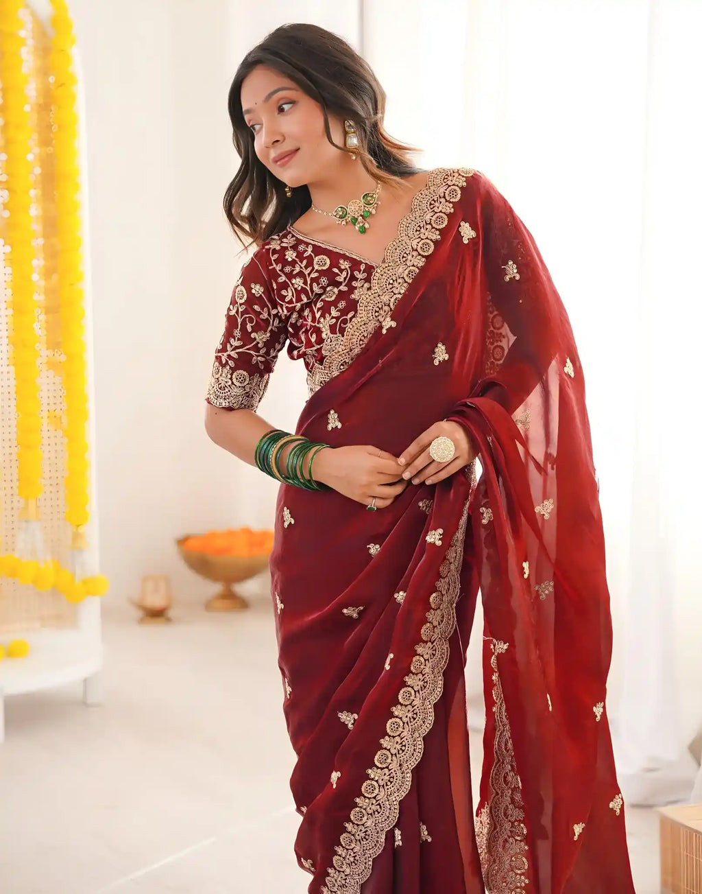 Maroon Fendy Satin Silk Embroidered Saree - View 4