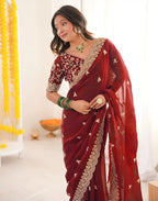 Maroon Fendy Satin Silk Embroidered Saree - View 4