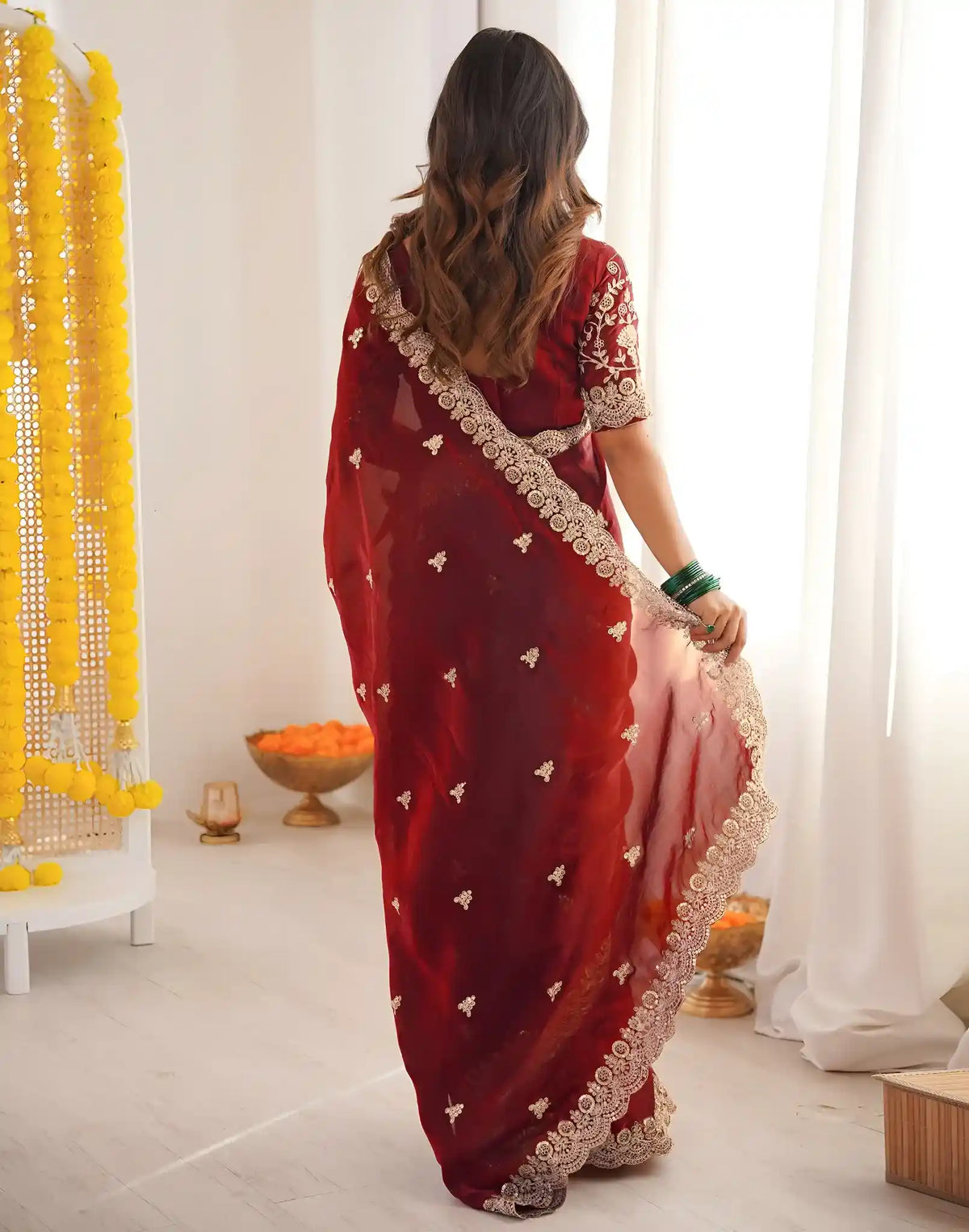 Maroon Fendy Satin Silk Embroidered Saree - View 5