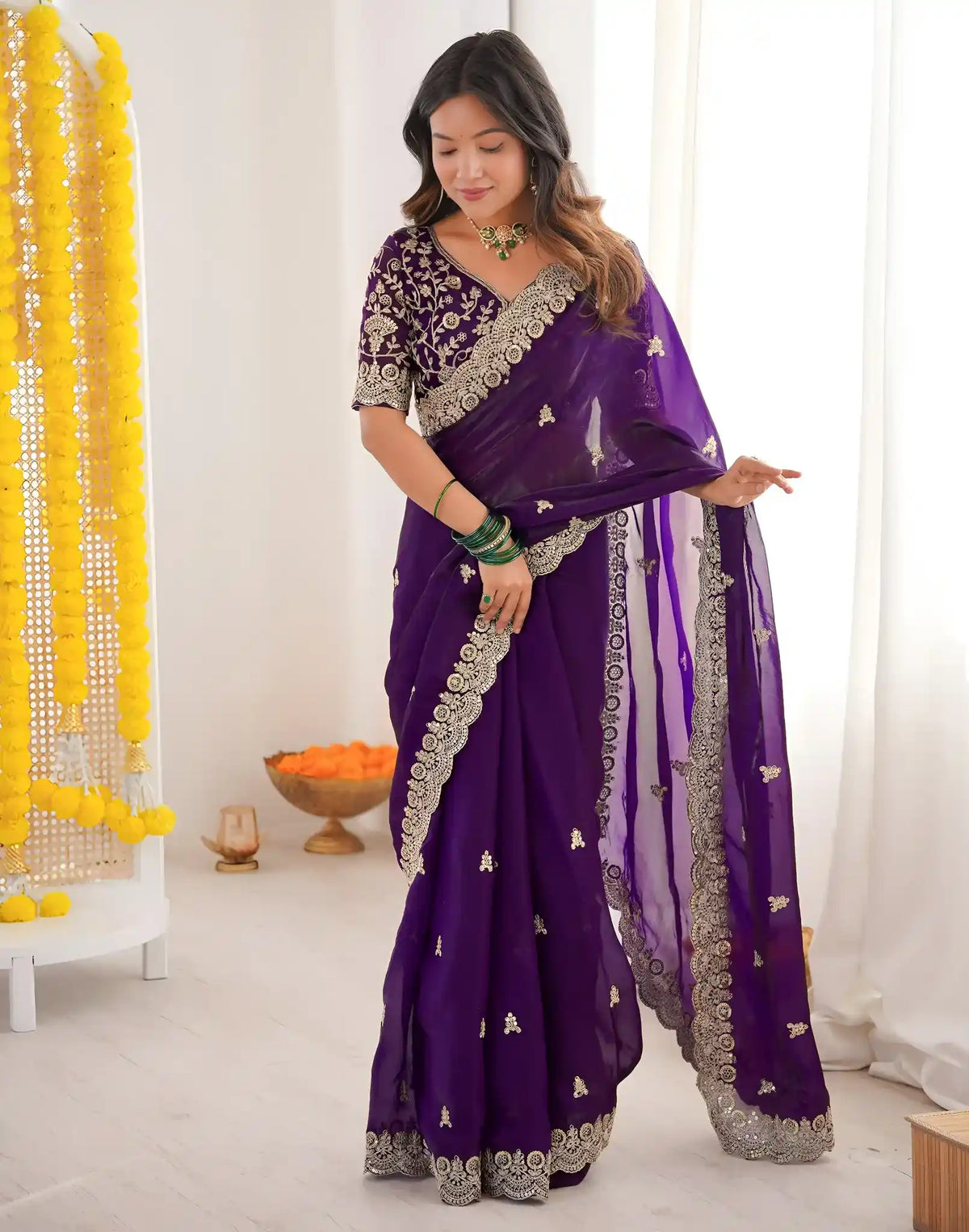 Purple Fendy Satin Silk Embroidered Saree - View 1