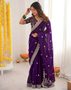 Purple Fendy Satin Silk Embroidered Saree - View 3