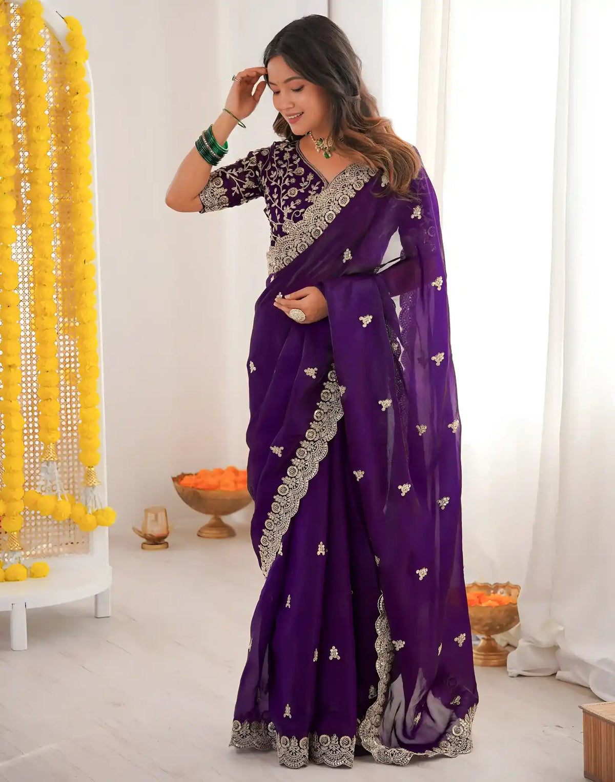 Purple Fendy Satin Silk Embroidered Saree - View 3