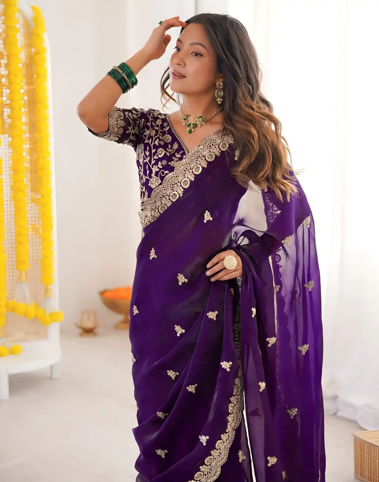 Purple Fendy Satin Silk Embroidered Saree - View 4