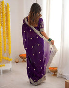 Purple Fendy Satin Silk Embroidered Saree - View 5