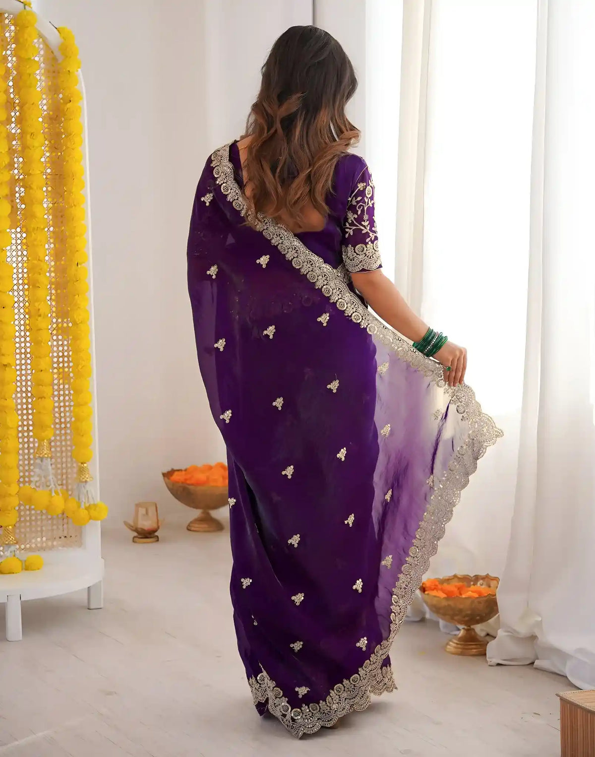 Purple Fendy Satin Silk Embroidered Saree - View 5