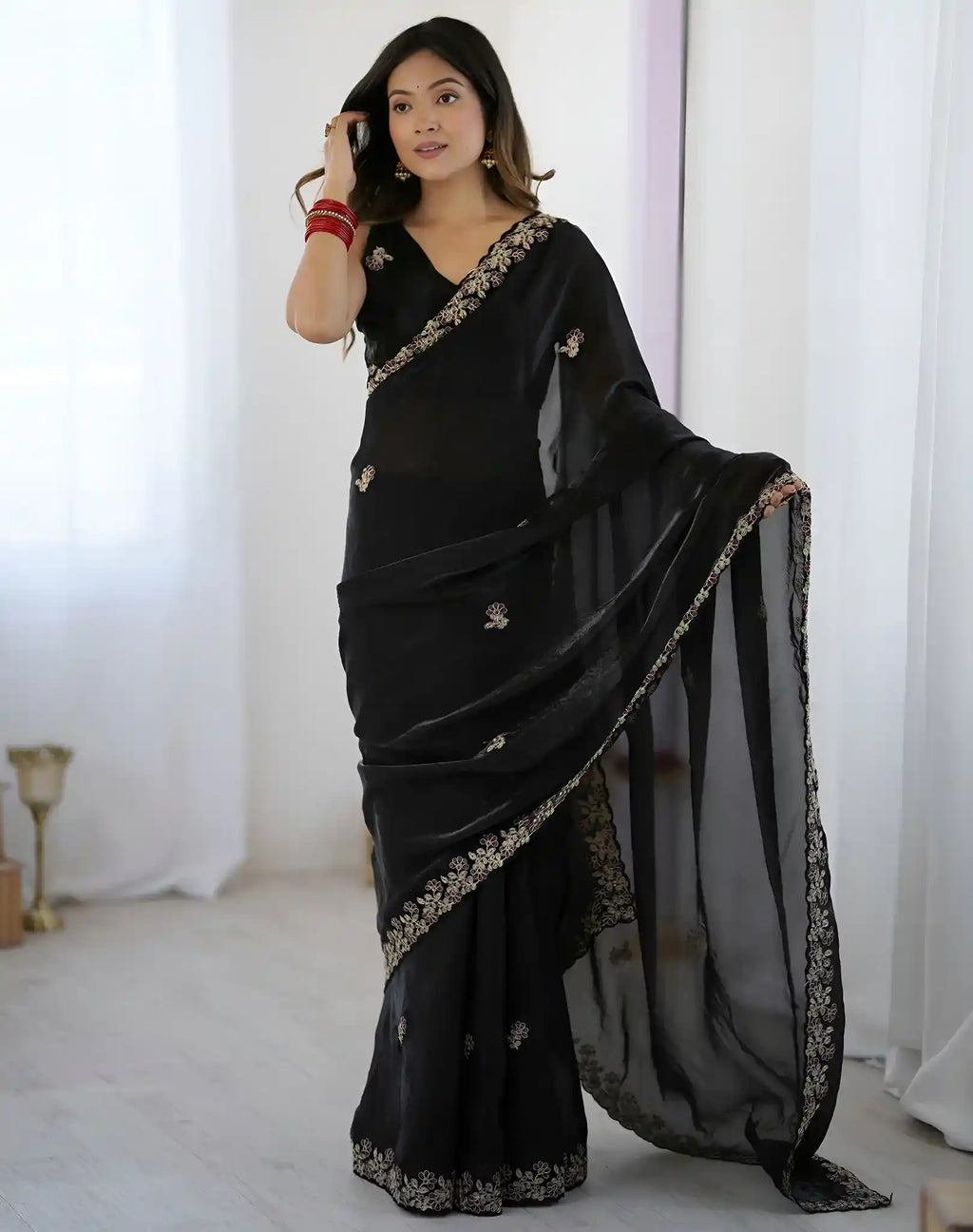 Black Fendy Satin Silk Embroidered Saree - View 1