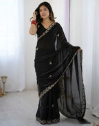 Black Fendy Satin Silk Embroidered Saree - View 1