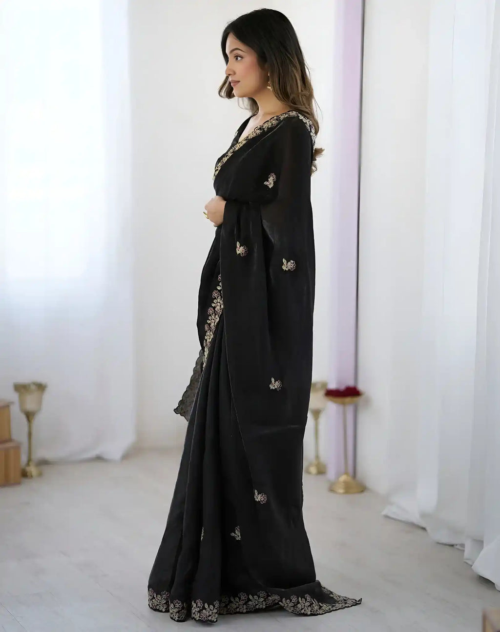 Black Fendy Satin Silk Embroidered Saree - View 3