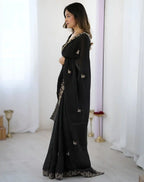 Black Fendy Satin Silk Embroidered Saree - View 3