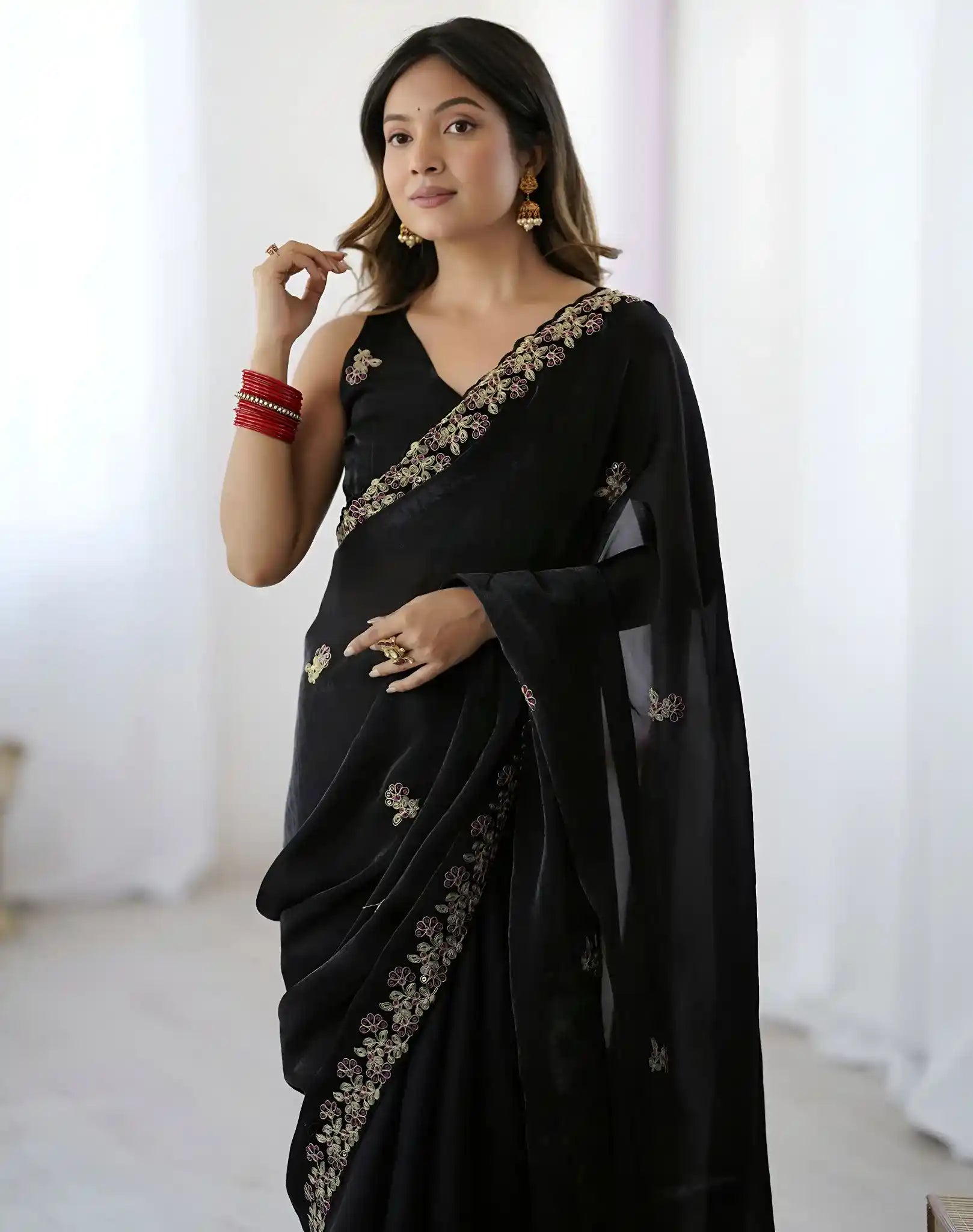 Black Fendy Satin Silk Embroidered Saree - View 4