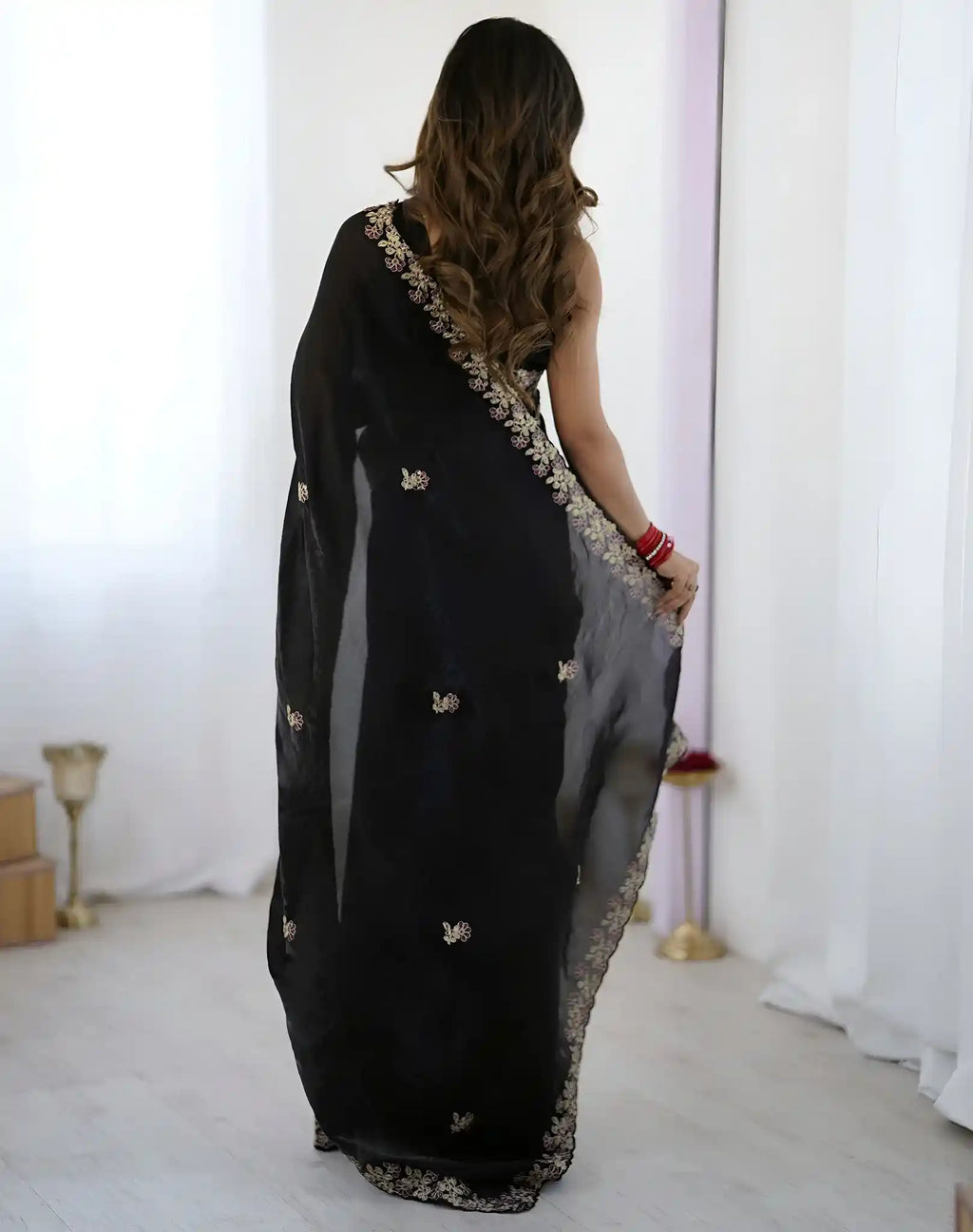 Black Fendy Satin Silk Embroidered Saree - View 5