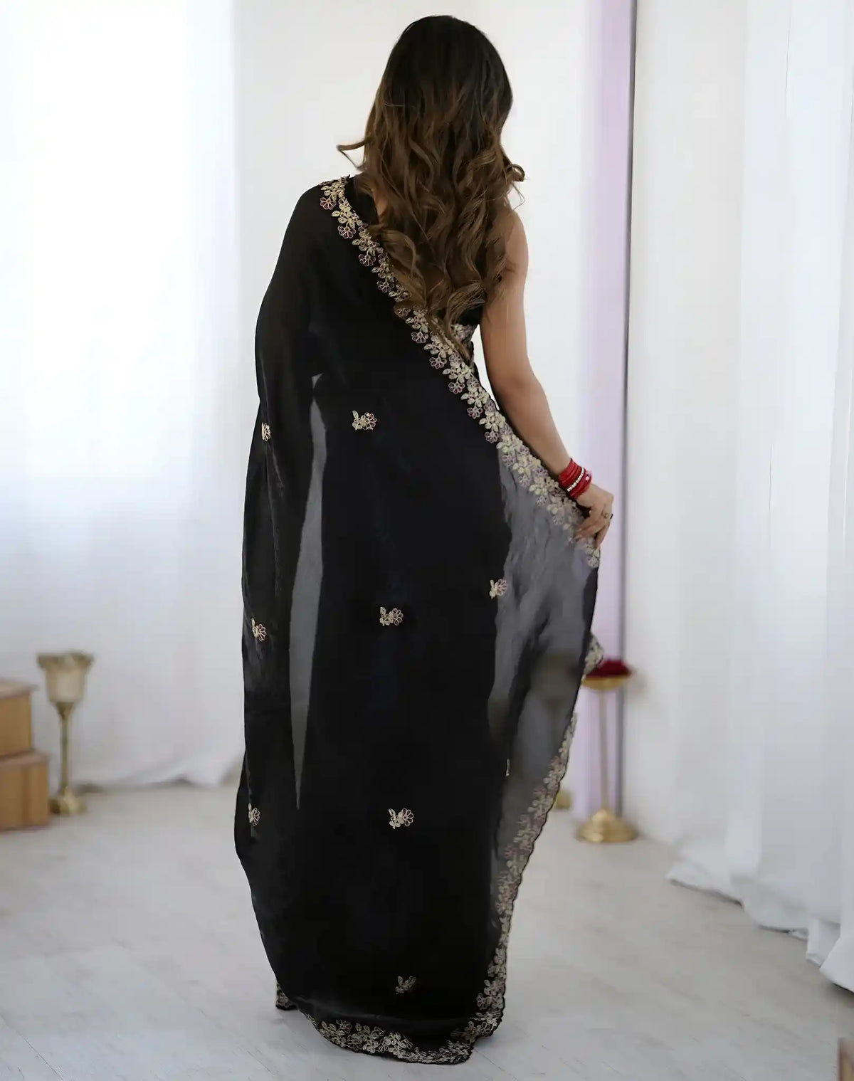 Black Fendy Satin Silk Embroidered Saree - View 5