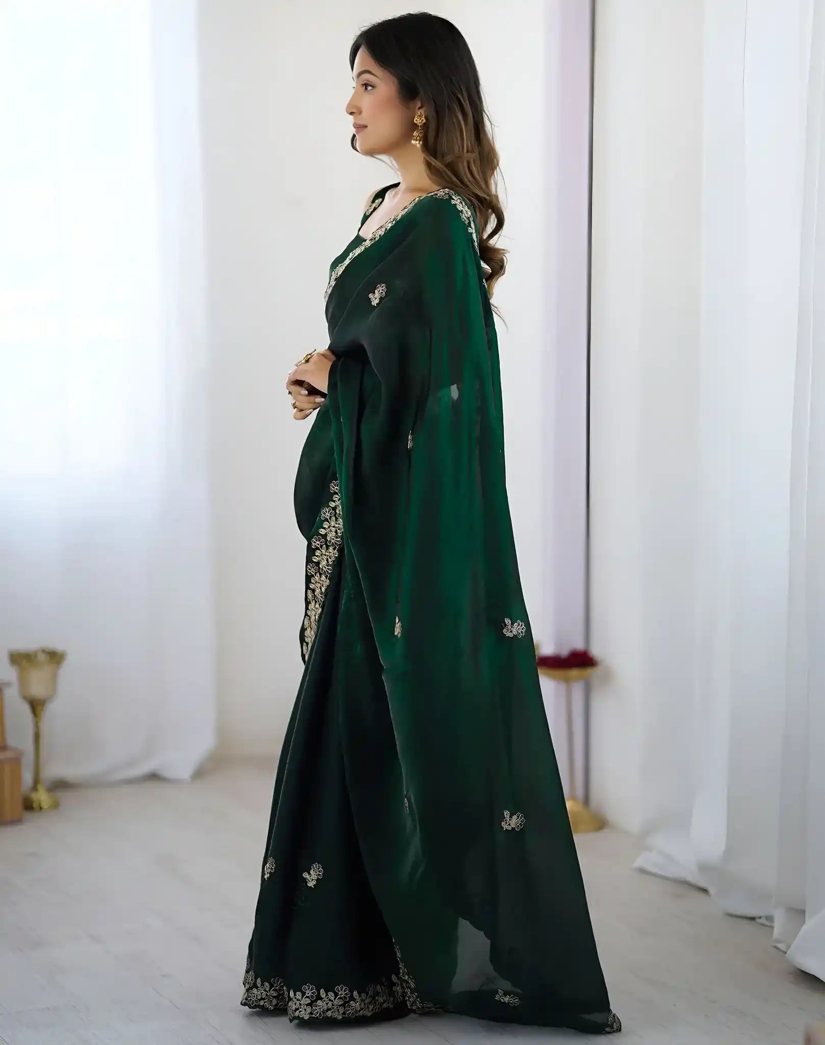 Green Fendy Satin Silk Embroidered Saree - View 3