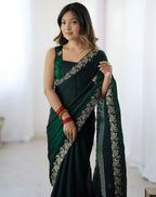 Green Fendy Satin Silk Embroidered Saree - View 4