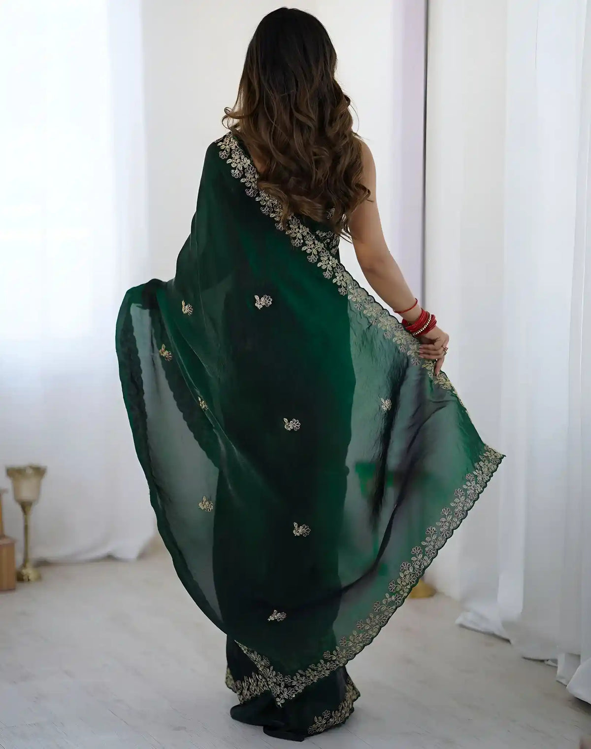 Green Fendy Satin Silk Embroidered Saree - View 5