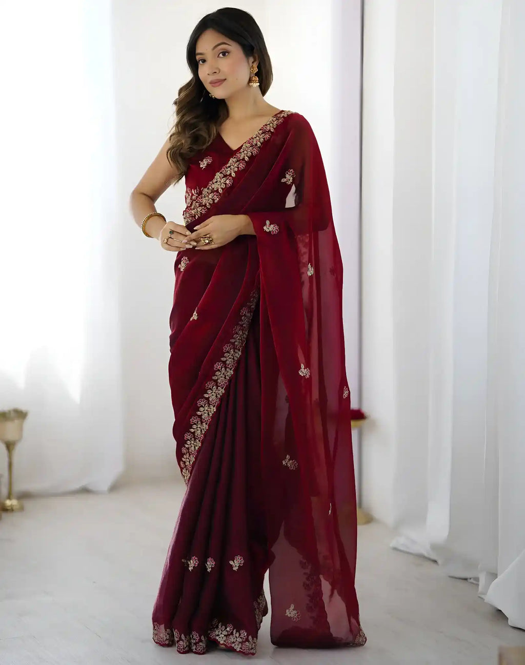 Maroon Fendy Satin Silk Embroidered Saree - View 1