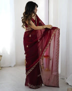 Maroon Fendy Satin Silk Embroidered Saree - View 3