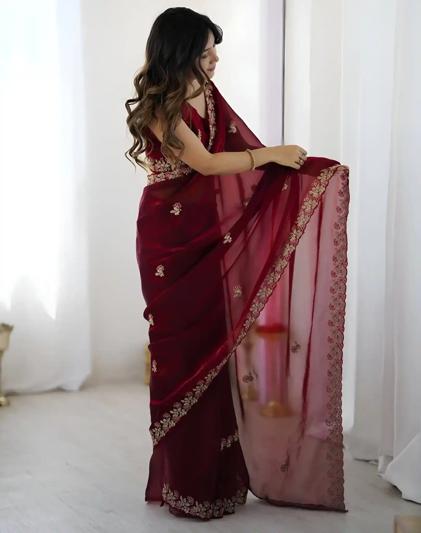 Maroon Fendy Satin Silk Embroidered Saree - View 3