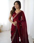 Maroon Fendy Satin Silk Embroidered Saree - View 4