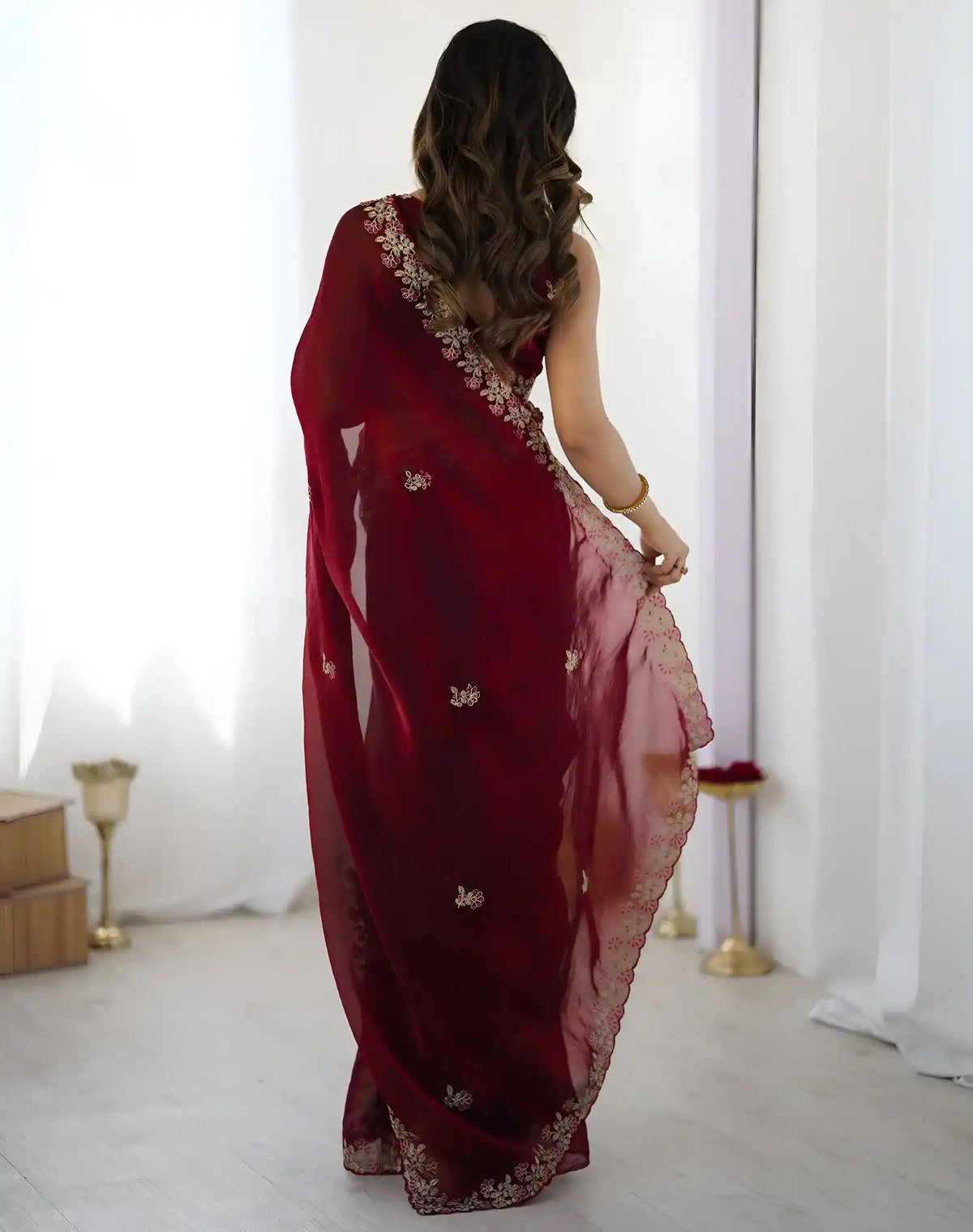 Maroon Fendy Satin Silk Embroidered Saree - View 5