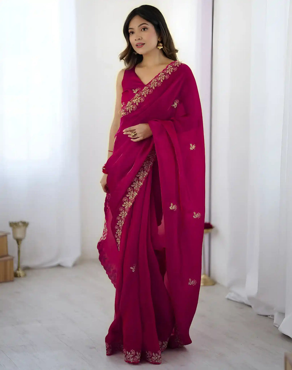 Pink Fendy Satin Silk Embroidered Saree - View 1