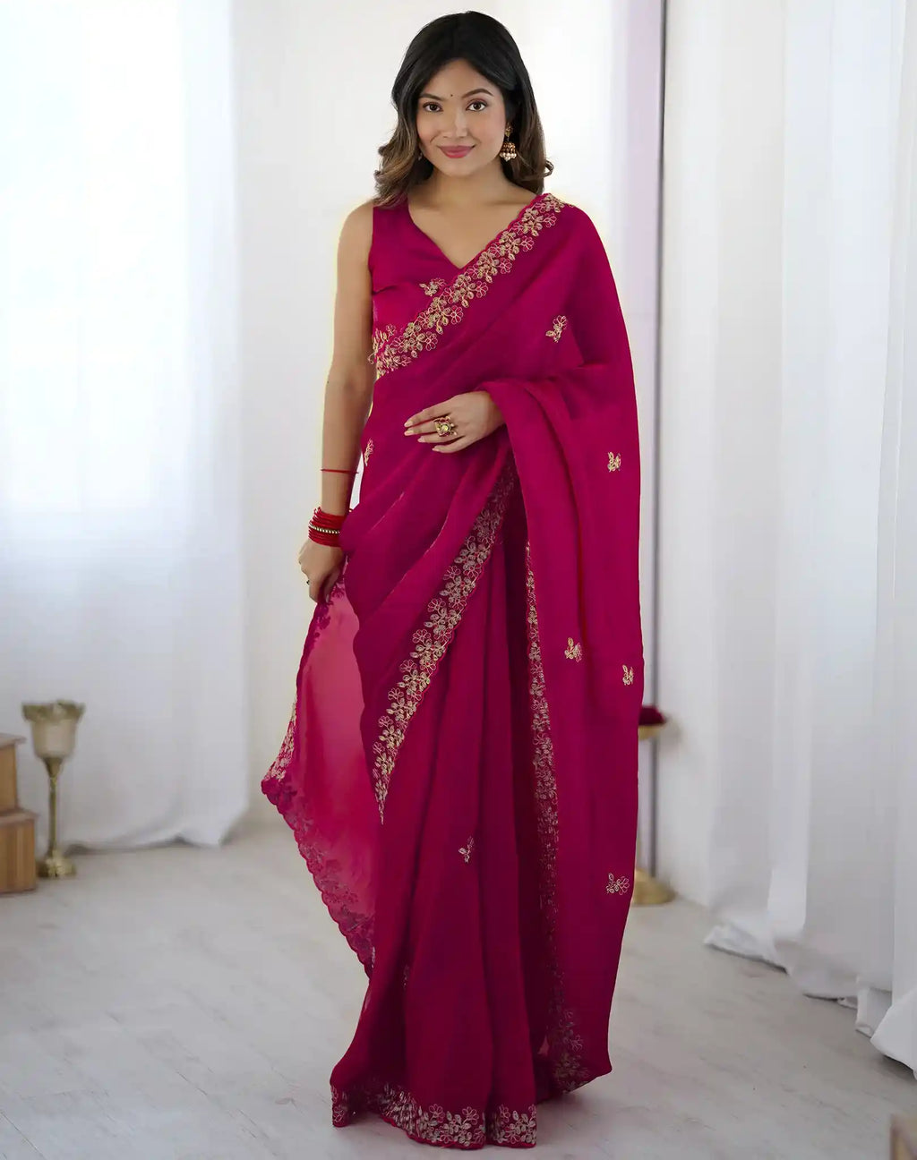 Pink Fendy Satin Silk Embroidered Saree - View 3