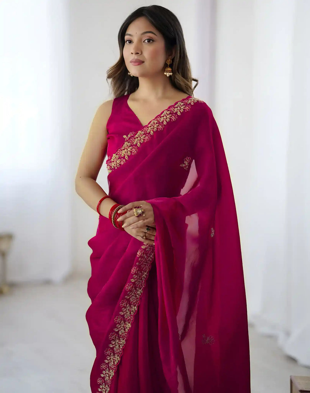 Pink Fendy Satin Silk Embroidered Saree - View 4