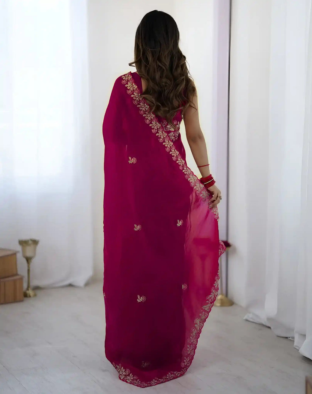 Pink Fendy Satin Silk Embroidered Saree - View 5