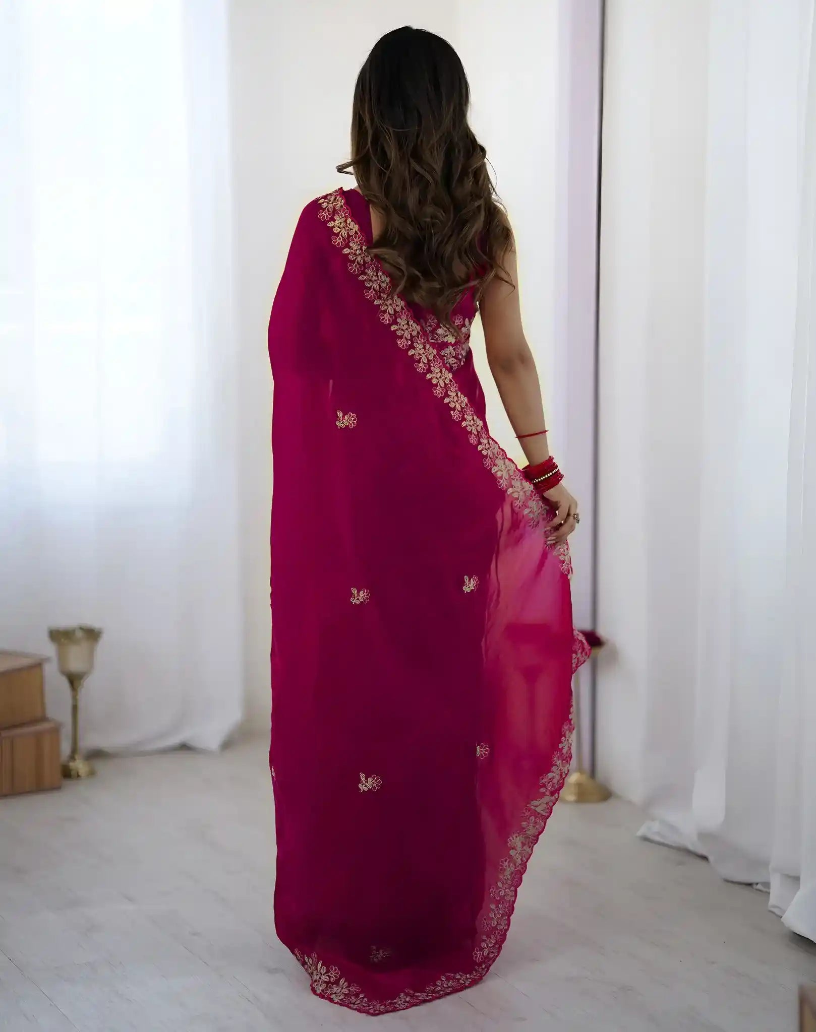 Pink Fendy Satin Silk Embroidered Saree - View 5