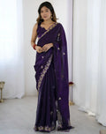 Purple Fendy Satin Silk Embroidered Saree