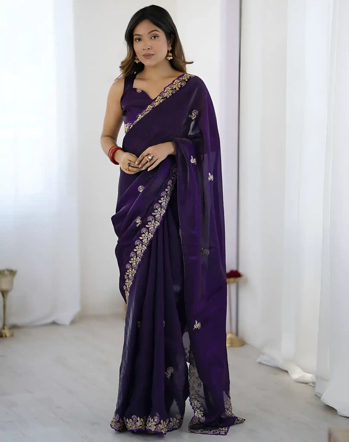 Purple Fendy Satin Silk Embroidered Saree - View 1