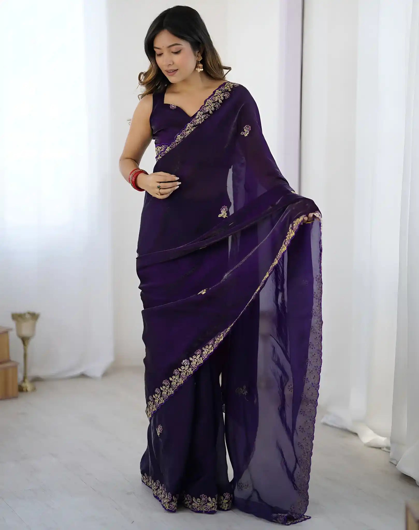 Purple Fendy Satin Silk Embroidered Saree - View 3