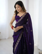 Purple Fendy Satin Silk Embroidered Saree - View 4