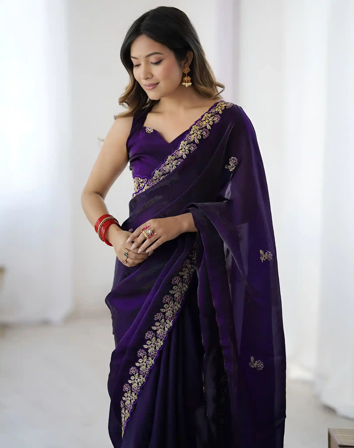 Purple Fendy Satin Silk Embroidered Saree - View 4
